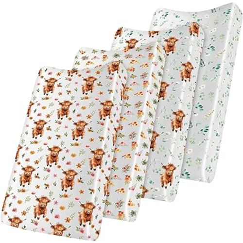 4 Pcs Highland Cow Fitted Standard Crib Sheet Eucalyptus Leaf Changing Pad Cover for Baby Floral Boho Crib Sheets Western Cow Nursery Decor Neutral Flower Diaper Change Table Cover 52" x 28"