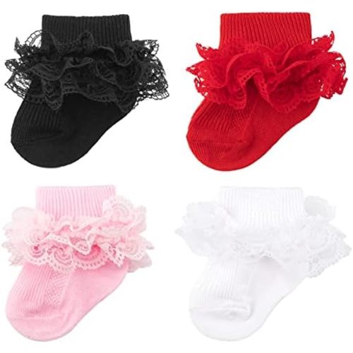 4 Pack Baby Girls Socks Eyelet Ruffle Lace Baby Socks Newborn Infant Toddler Dress Socks Frilly Ruffle Socks for Girls