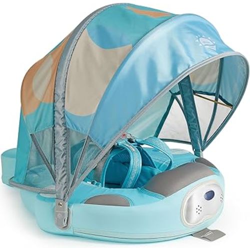 Mambobaby Newest Non Inflatable Baby Float Size Improved Add Tail Avoid Flip Over Swim Trainer Solid Infant Pool Float with Canopy UPF 50+ Swim Ring