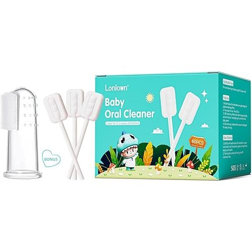 Lonlown 60PCS Baby Tongue Cleaner & 1PCS Finger Toothbrush Infant Mouth Cleaner Newborn Gum Cleaner Disposable Infant Oral Clean Stick Dental Care for Baby Toddler