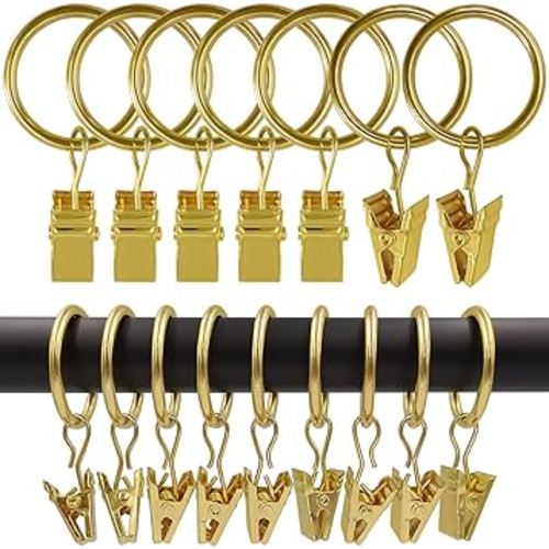 100 Pack Curtain Rings with Clips, Curtain Clip Rings Hooks, Bow Hanger Clips for Hanging Drapery Drapes Bows, Ring 1 inch Interior Diameter, Fits up to 5/8" Rod, Gold