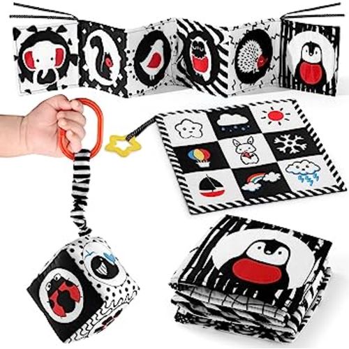 SAMMAS 3 Pcs Black and White High Contrast Baby Toys 0-6 Months for Newborn, Babies Sensory Soft Book for Early Education, Infant Tummy Time Cloth Book Toys, Montessori Toys for Babies