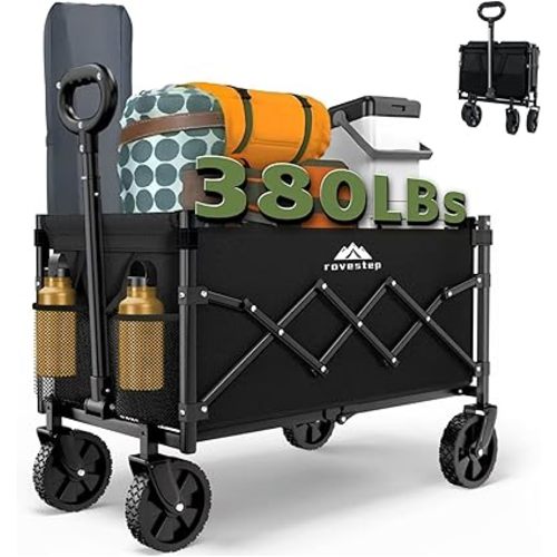 Max Collapsible Folding Wagon - Heavy Duty Utility Cart, 65L Capacity, 380 lbs Load, All-Terrain Wheels, Compact Fold for Camping, Garden, Beach, Shopping (Black)