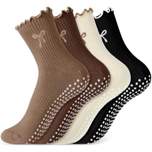 Jeyiour 4 Pairs Cute Pilates Grip Socks for Women, Ruffle Non Slip Crew Grippy Yoga Socks with Bow for Gym Ballet Barefoot