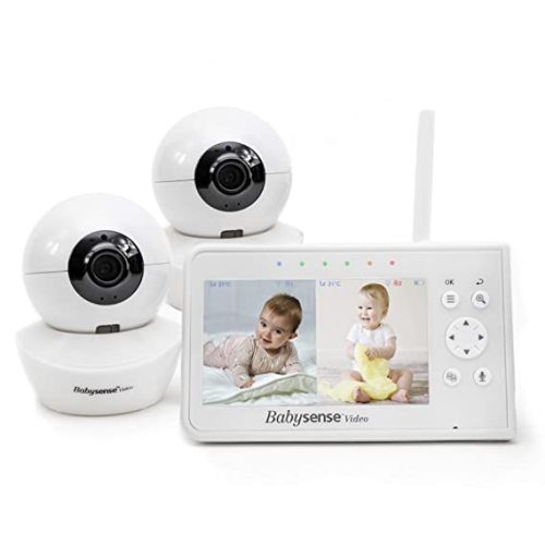 Baby Monitor, Babysense 4.3" Split Screen, Video Baby Monitor with Two Cameras and Audio, Remote PTZ, 960ft Range (Open Space), Adjustable Night Light, Two-Way Audio, Zoom, Night Vision, Lullabies - White 2 Cams - 4.3" Display