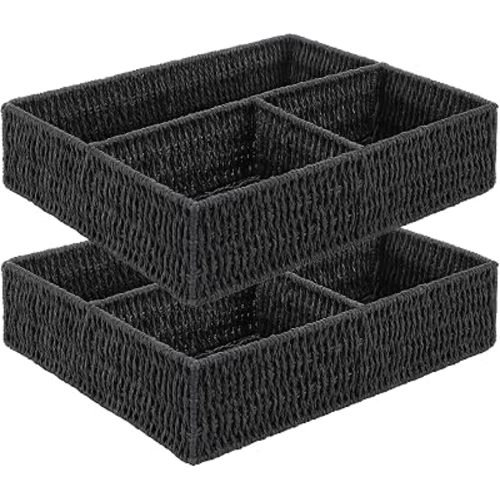 Vagusicc Wicker Divided Storage Basket, Black Wicker Baskets, Basket for Shelves Drawer Organizing, 3 Section Rectangular Woven Storage Baskets, 2-Pack