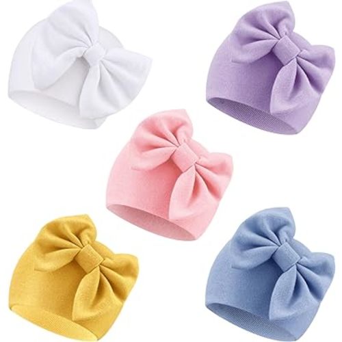 DRESHOW BQUBO Newborn Baby Girls Hats Hospital Hat Baby Cotton Beanie Infant Big Bow Hats for 0-24 Months