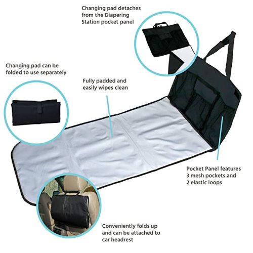 J.L. Childress Pockets 'N Pad, Portable Diapering Station for Your Vehicle, Detachable Changing Pad, Pocket Panel for Storage, Fully Padded, X-Large Dimensions (36" x 18"), Black