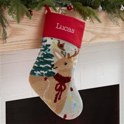 Classic Reindeer Embroidered Hooked Christmas Stocking