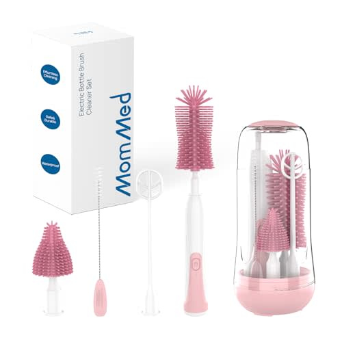 MomMed Electric Bottle Brush, Electric Baby Bottle Brush Set with Silicone Bottle/Pacifier/Straw Brush and Mixing Head, Waterproof Bottle Cleaner Brush with Drying Rack, 2 Modes & 360° Rotation Pink