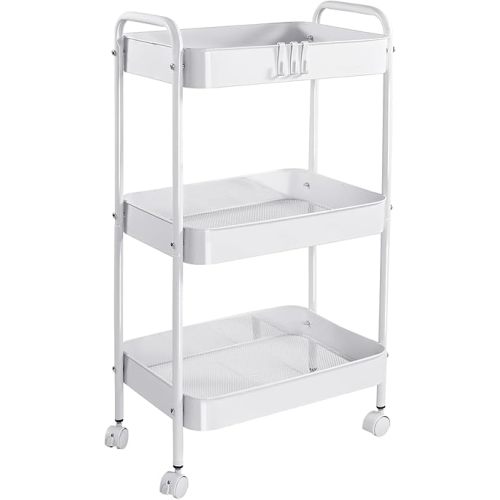3 Tier Metal Rolling Utility Cart with Handle, Detachable Storage Organizer with Wheels for Kitchen, Living Room, Office, Garage (White, 3 Tier)