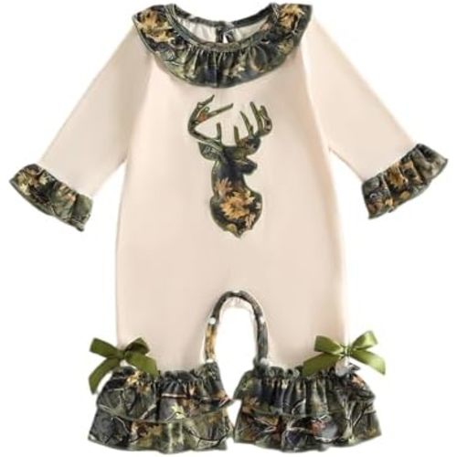 Newborn Baby Girl Fall Clothes Hunting Ruffle Long Sleeve Romper Bell Bottoms Flared Jumpsuit Outfit
