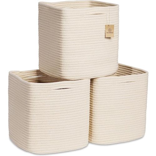 NaturalCozy Storage Cubes 11 Inch Cotton Rope Woven Baskets for Organizing, 3-Pack | Cube Storage Bin | Square Storage Baskets for Shelves Organizer, Classroom, Kids Toy Bins, Closet, Baby Nursery