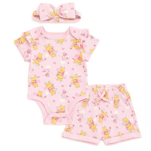 Disney Winnie the Pooh Newborn Baby Girls Ribbed Bodysuit, Shorts and Headband 3 Piece Outfit Set Soft Pink Newborn