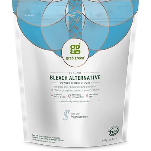 Grab Green Bleach Alternative Pods, 60 Count, Chlorine Free, Fragrance Free, Plant and Mineral Based, Laundry Booster to Brighten Whites, Removes Stains, Neutralizes Odors