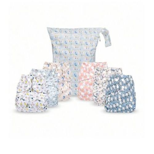 6ct Reusable Cloth Diapers, One Size Adjustable, Washable Soft Absorbent, Waterproof Cover, 4-Layers Microfiber Inserts (Monkey) - Simple Being