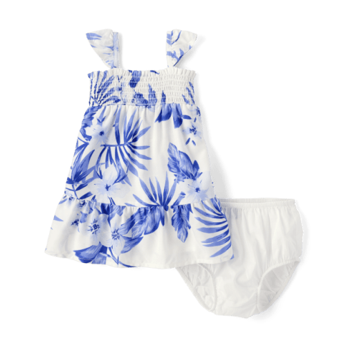 Baby Girls Matching Family Tropical Smocked Ruffle Dress - White