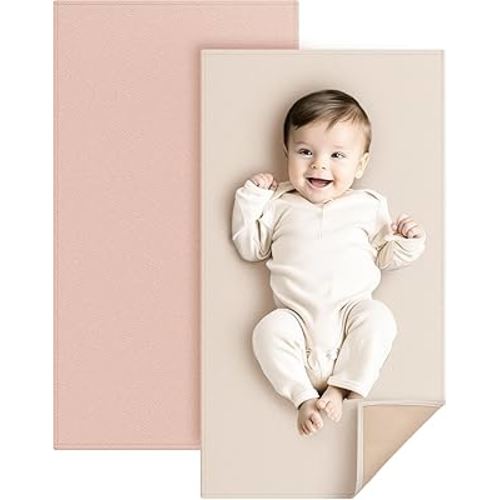 Konssy Faux Leather Baby Changing Mat 2 Pack, Waterproof, Wipeable & Portable Diaper Changing Pad for Travel or Home, Foldable Mat Fits Perfectly in Diaper Bag, 30 x 17 inches (Blush,Beige)
