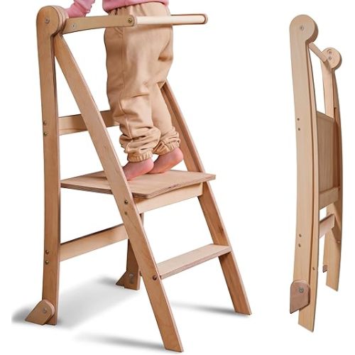 Wooden Montessori Foldable Toddler Standing Stool – Space-Saving Step Stool for Children with Anti-Tip Protection, Stool for Children, Foldable Kids' Step Stool