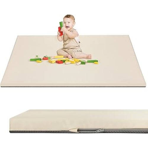 Baby Play Mat 50" X 50",Premium Foam Crawling Mat, Thick & Super Soft Vegan Leather Floor Mat,Non-Slip Cushioned Baby Playmat for Infants, Babies, Toddlers,Mat for Living Room(Cream)