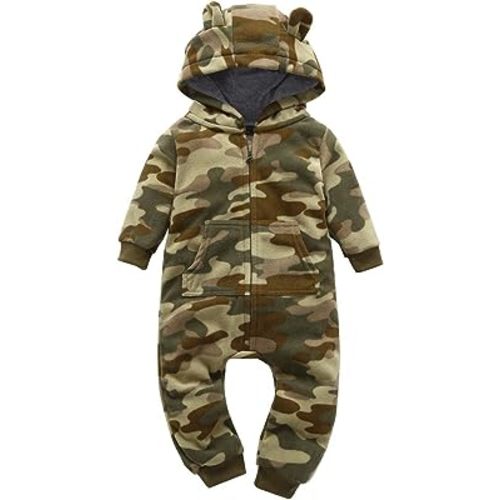 Rngeddg Toddler Baby Boys Girls Camouflage Bodysuit Hooded Pocket Long Sleeve Rompers Fleece Newborn Zipper Jumpsuit