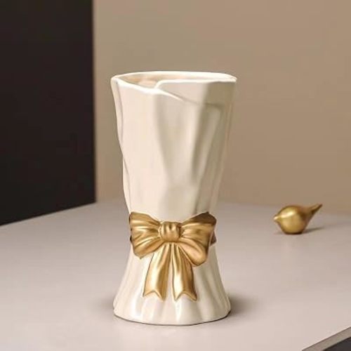 Bow Vase, White Flower Vase for Home Decor, White Ceramic Vase for Boho Style, 9.3 Inch Large Vase for Ideal Shelf Decor/Table/Living Room. (Glazed Exterior and Interior)