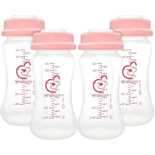 NENESUPPLY Storage Bottles Collection Bottles for Spectra S1 S2 Motif Luna Breast Pumps 4 pc 9oz 280ml with Collar and Sealing Disc. Breastmilk Storage Replace Spectra Bottles for Pumping Wide-Mouth