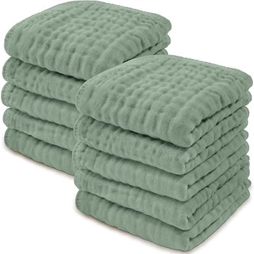 Baby Washcloths, Muslin Cotton Baby Towels, Large 10”x10” Wash Cloths Soft on Sensitive Skin, Absorbent for Boys & Girls, Newborn Baby & Toddlers Bibs & Burp Cloths Essentials Set (Fern, Pack of 10)