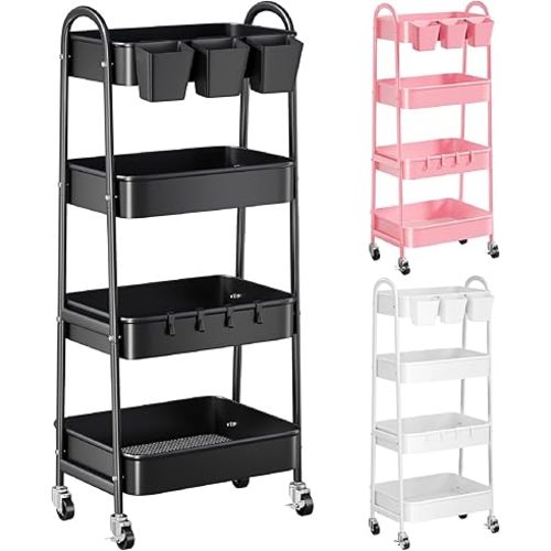 4 Tier Black Metal Rolling Cart with Lockable Wheels and Cups, Four Tiered Utility Storage Organizer on Wheels for Bathroom, Kitchen, Laundry, Garage, Office, Craft, Art, Baby Diaper, Snacks, Books