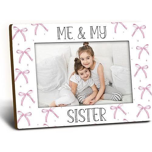 Big Little Sister Picture Frame 4x6, Sisters Gifts Wooden Picture Frame, Christmas Birthday Gifts for Sisters Girls, Me and My Sister Pink Bow Decorative Photo Frames for Table Desk Decor