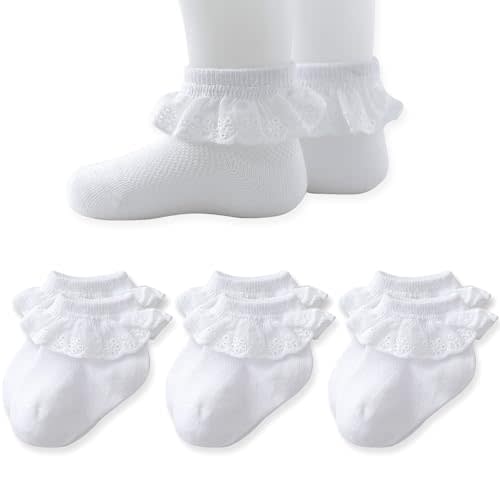 EPEIUS Baby Lace Socks Newborn Girl Eyelet Ruffle Socks Infant Toddler Dress Crew Socks 0-6/6-12/12-24 Months