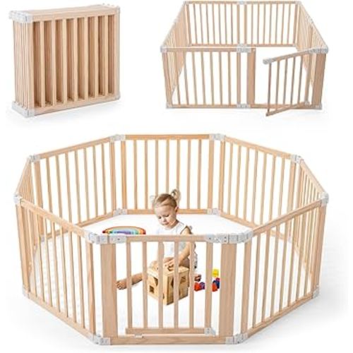 Foldable Wooden Playpen, Large Baby Wood Playpen with Locking Gate for Babies and Toddler 1-3 Year, Portable Play Yard for Activity Center Indoor Outdoor(Wood, 8 Panel)