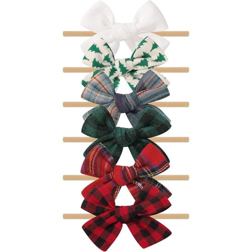 doboi 6PCS Christmas Baby Girls Headbands Hair Bows Nylon Cotton Linen Hairbands Fine Handmade Hair Accessories for Newborn Infant Toddlers Little Girls- Red Green Plaid