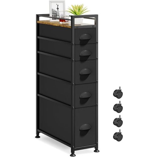 LASZOLA 5 Drawer Narrow Dresser Slim Cabinet Skinny Storage Tower Chest, Ideal for Small Spaces Bathroom Bedroom, Between Washer and Dryer, Lightweight Mobile on Wheels, Sturdy Fabric Drawers, Black