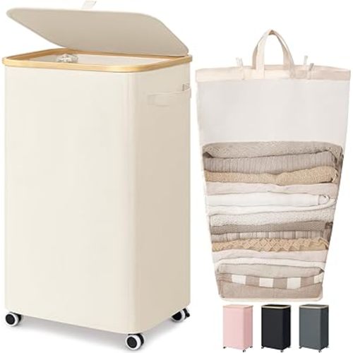 Goodpick Laundry Basket with Wheels, Large Laundry Hamper with Lid 100L Clothes Hamper with Removable Laundry Bag Collapsible Dirty Clothes Basket for Laundry Room, Bedroom, Beige