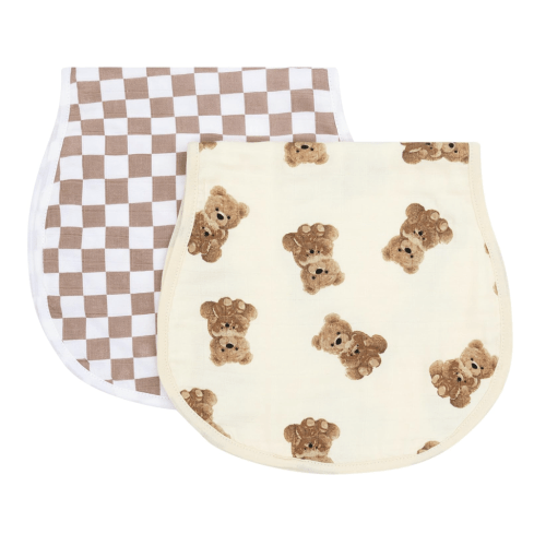 LifeTree Muslin Baby Burp Cloths - 2 Pack 70% Viscose from Bamboo and 30% Cotton Large 22'' by 10'' Absorbent Milk Spit Up Rags - Burping Cloths for Newborn, Girls Boys, Bear and Checkered