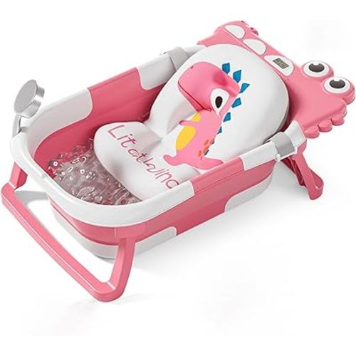 MoreFeel Collapsible Baby Bathtub for Newborn with Thermometer & 1 Hooded Towel & 1 Soft Floating Cushion,Portable Travel Bathtub with Drain Hole, Durable Foldable Baby Tubs for Infants to Toddler