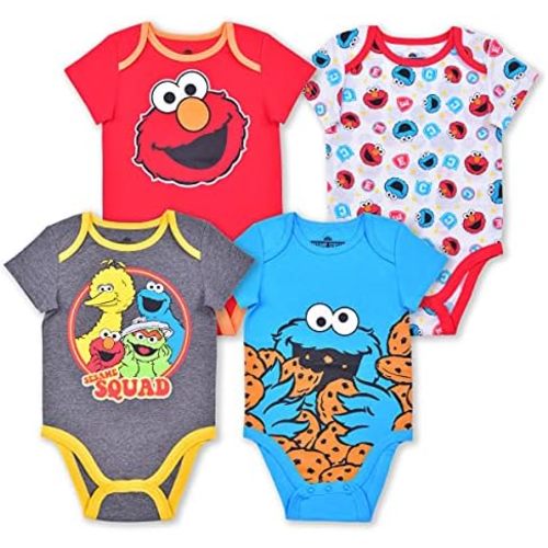 Sesame Street Boys’ 4 Pack Bodysuit for Newborn and Infant – Blue/Red/Grey/White