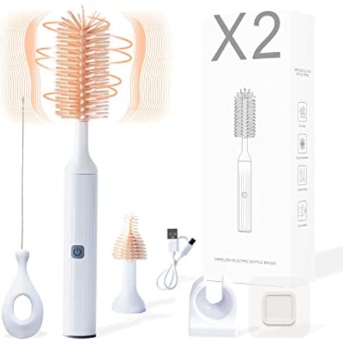 Electric Baby Bottle Brushes USB Rechargeable, Waterproof Bottle Cleaner Brush Wall-Mounted, with Silicone Bottle/Pacifier/Straw Brush, Two-Speed Cleaning Mode, 360° Rotating Cleaning, 1200mAh (Pink)