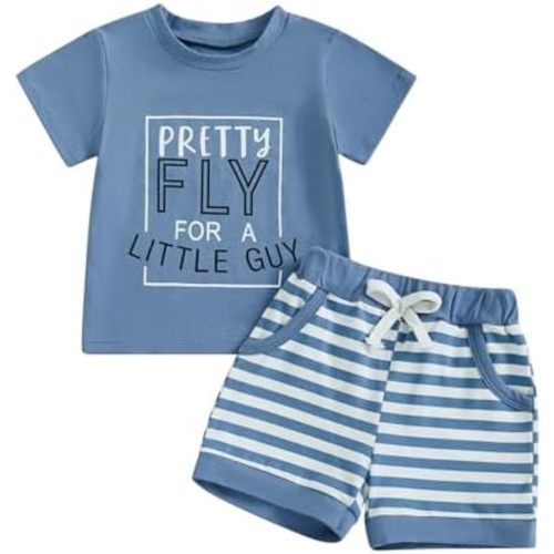 Toddler Baby Boy Summer Outfit Letter Print Short Sleeve T Shirt Tops Elastic Stripe Shorts Cute Infant Clothes