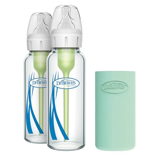 Dr. Brown's Natural Flow Anti-Colic Options+ Narrow Glass Baby Bottle 8 oz/250 mL 2 Pack with Level 1 Slow Flow Nipple and Silicone Sleeves for Glass Bottles, Mint
