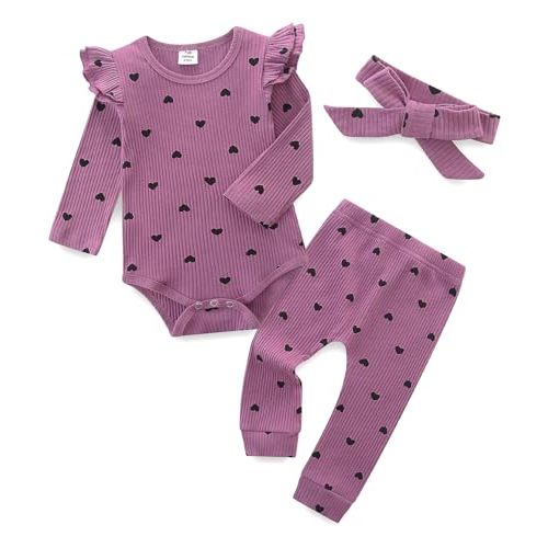 Fullfamous Baby Girl's 3pc Rib Frill Long Sleeve Romper and Pant Set