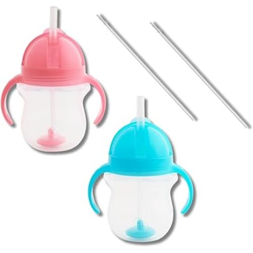 Munchkin Weighted Straw Sippy Cups for Toddlers 7oz, Leak Proof, Easy to Hold-Great toddler cups with straws, Supports Straw-use Education, Straw Cups (Pink/Blue)
