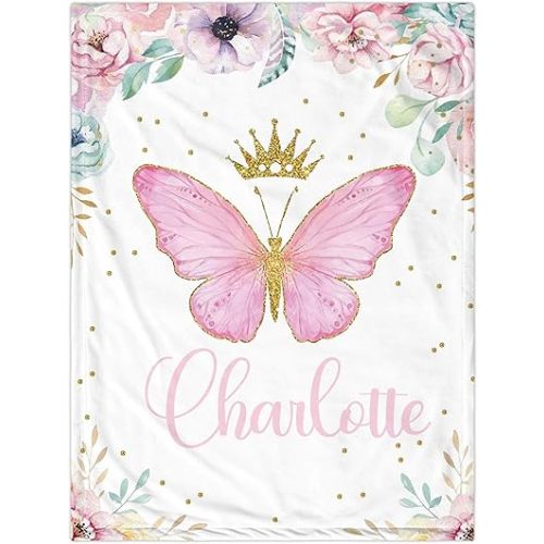 J&SBGFT Personalized Baby Girl Blanket,Customized Baby Blanket,Baby Girl Name Swaddle Blanket,Butterfly Receiving Blankets,Custom Baby Gifts Infant Newborn Essentials 30"x40",Color18
