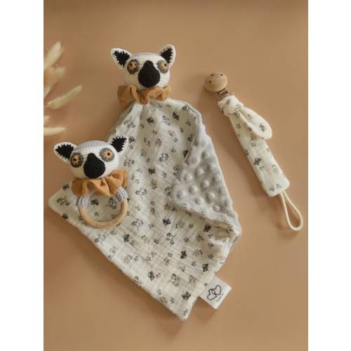 3 piece lemur set, lemur comforter, lemur rattle and pacifier clip