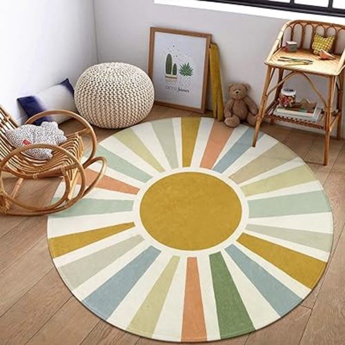 STARUIA Boho Sun Round Area Rug for Living Room, 6 Ft Washable Nursery Rug for Playroom, Colorful Circle Rug for Kids Bedroom, Non-Slip Circluar Carpet Soft Large Kids Rug for Classroom Dorm Kids Room