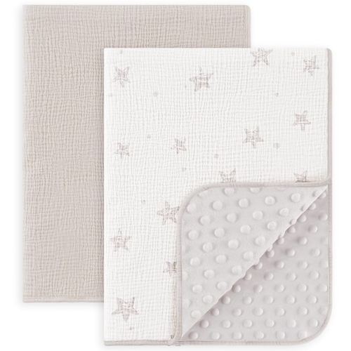 Susurration Baby Blanket for Unisex Boys Girls, 2 Pack Soft Fluffy Crib Blankets with Muslin Cotton Front and Dotted Fleece Back, Receiving Blanket for Baby Newborn Infant, 30x40inch, Beige Star&Grey