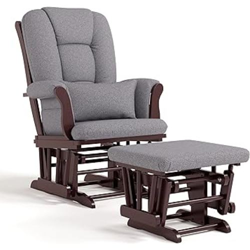 Storkcraft Tuscany Custom Glider and Ottoman with Free Lumbar Pillow (Espresso/Slate Gray Swirl) - Cleanable Upholstered Comfort Rocking Nursery Chair with Ottoman