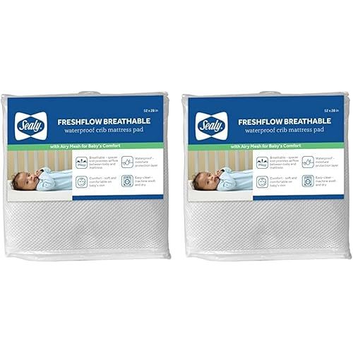 Sealy Baby FreshFlow Breathable Fitted Waterproof Infant Crib Mattress Protector Pad and Toddler Bed Cover, Comfortable Topper with 3D Mesh, Machine Washable & Dryer Friendly, 52” x 28”- White