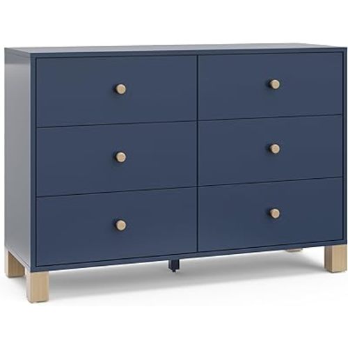 Storkcraft California 6 Drawer Double Dresser (Midnight Blue with Driftwood) – GREENGUARD Gold Certified, Spacious Storage Organizer for Kids’ Room, Safety Interlocking Drawer System